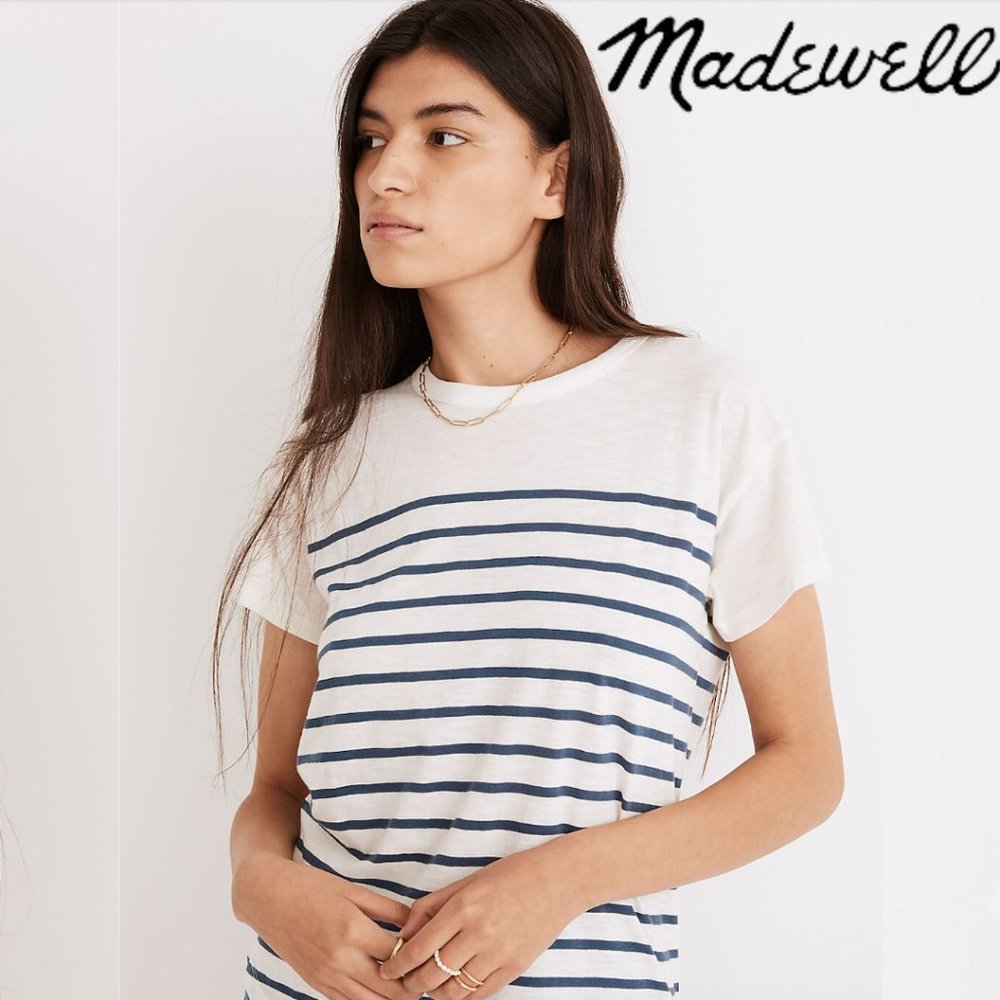 MADEWELL Whisper Cotton Rib-Crewneck Ringer Tee Nautical Stripe 100% Cotton XS